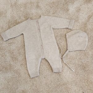 Zara Baby Knit Baby One Piece Romper And Hat 100% Cashmere Size 1 - 3 Months